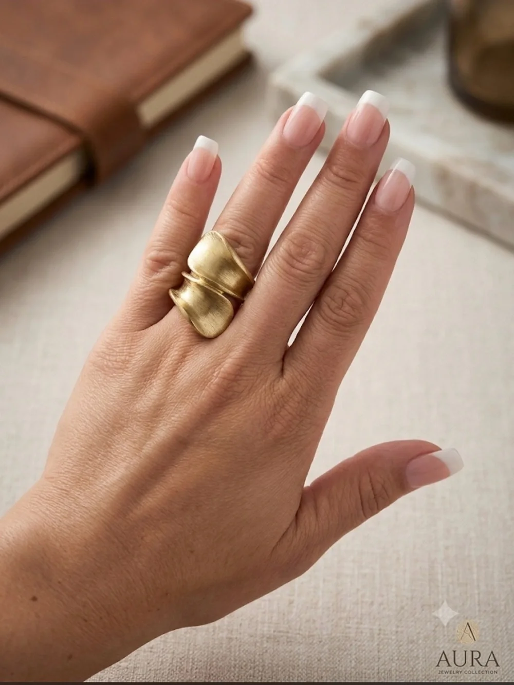 Gold Sculptural Statement Ring | Brushed Finish | Size 7